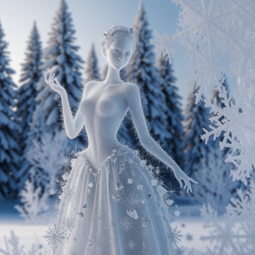 Ghostly Snow Maiden of Winter Air and Ice Crystals