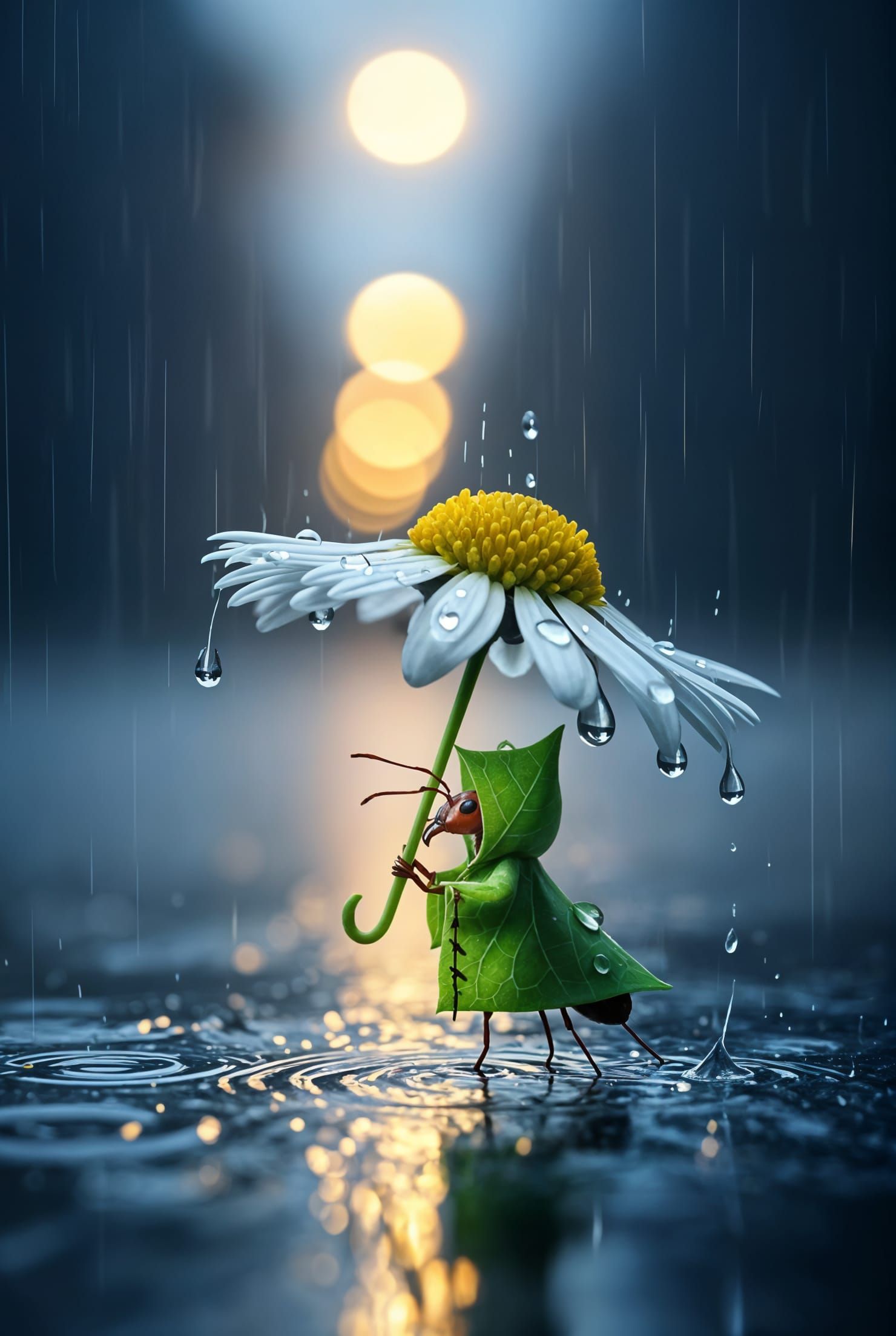 Ant With Daisy Umbrella in Heavy Rain