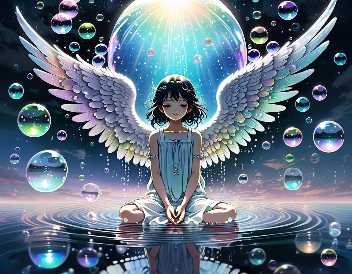 Iridescent Angel in Glass Orb Night Sky, Anime Style
