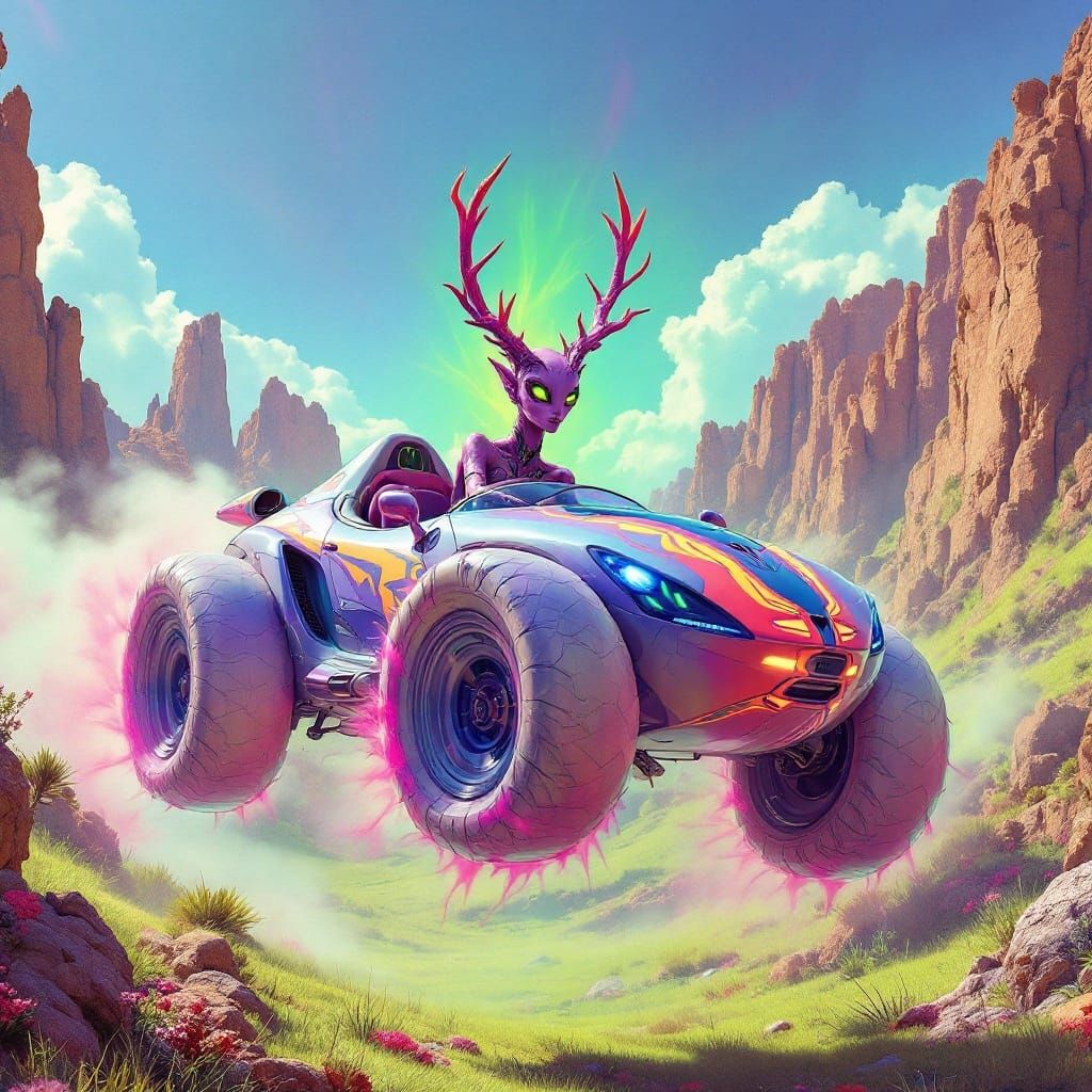 Psychedelic Alien Drives Levitating Supercar