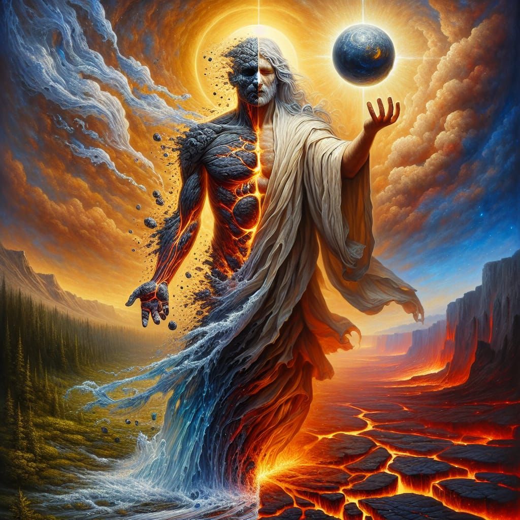 Dualistic Figure in Fantasy Landscape, Hyper-Realistic Oil P...