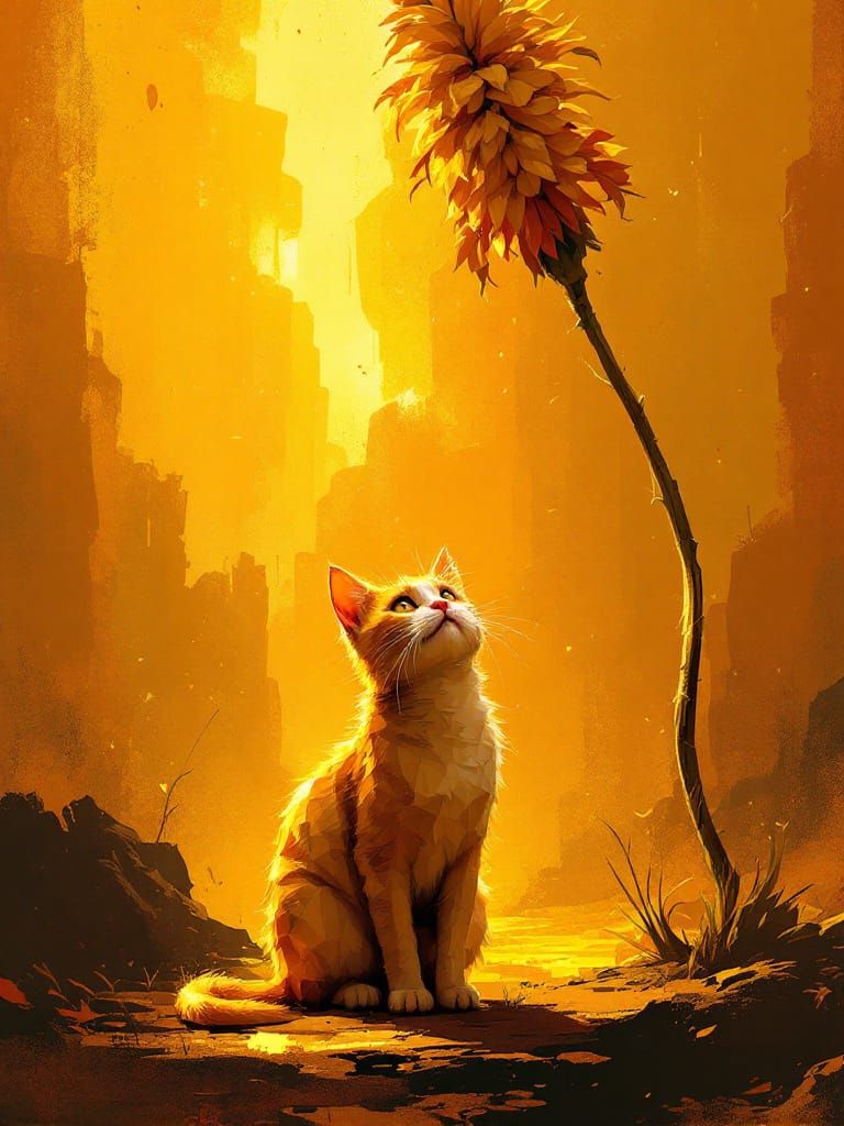 Adorable Cat Under Tall Flower in Golden Amber World