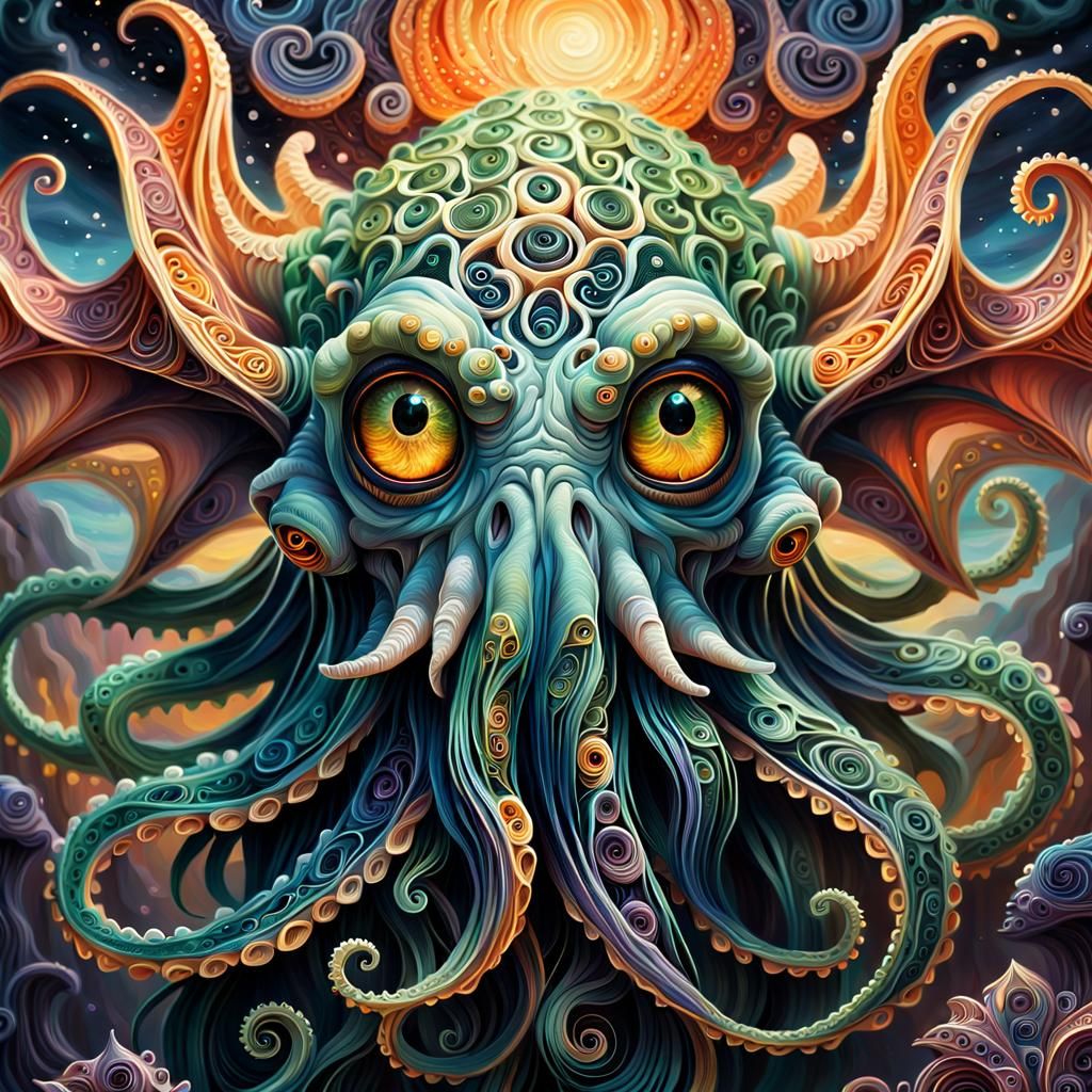 Cute Cthulhu Monster in Dark Fantasy Oil Painting