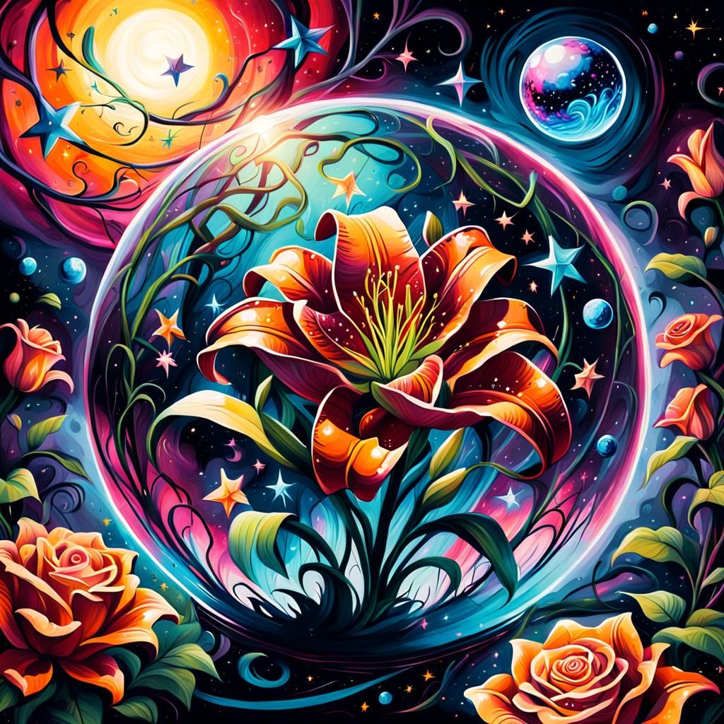 Lily in Magical Orb: Surreal Graffiti Art