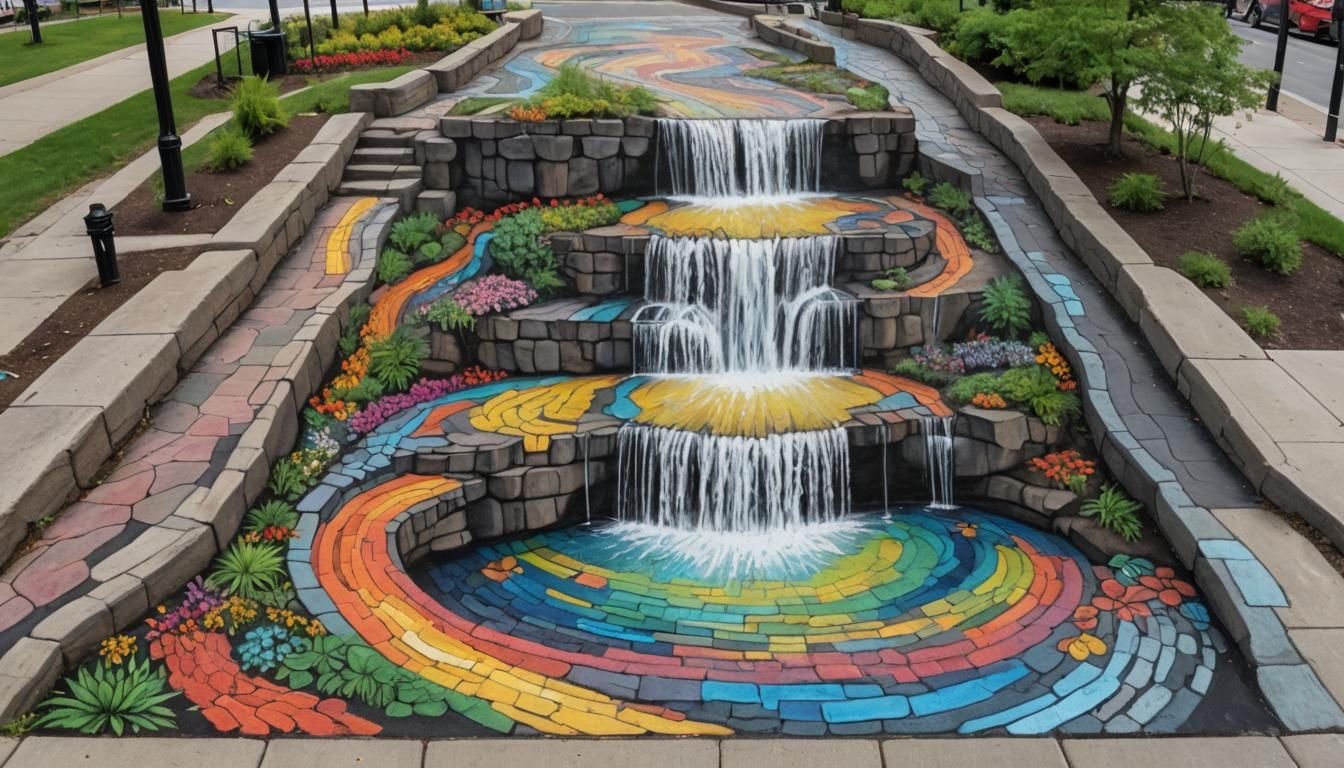 Colorful Chalk Art Waterfall on Sidewalk