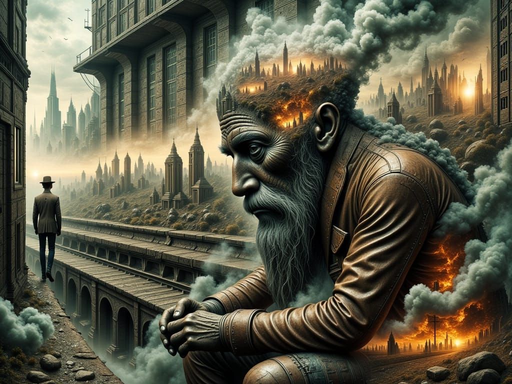 Frantic Train Conductor in Distorted Surrealist Landscape