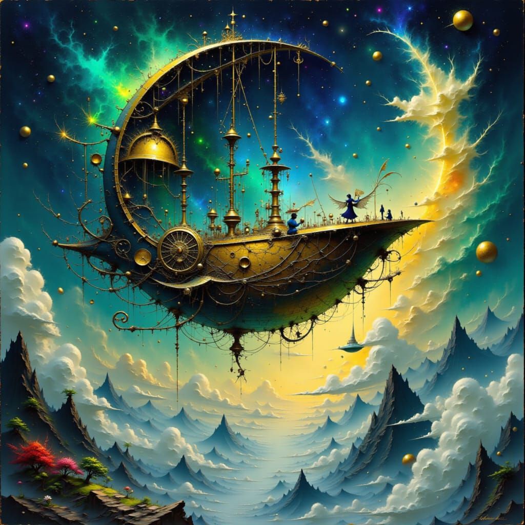 Steampunk Moon Airship Soaring Through Nebula