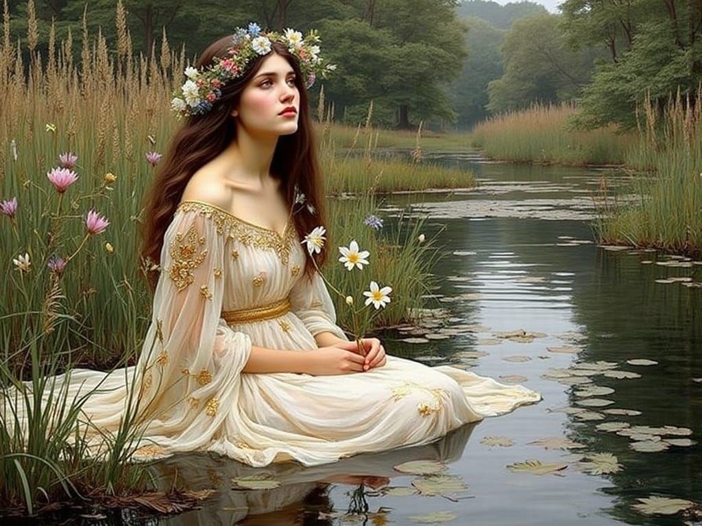 Waterhouse-Inspired Ophelia in Serene, Dreamlike Landscape