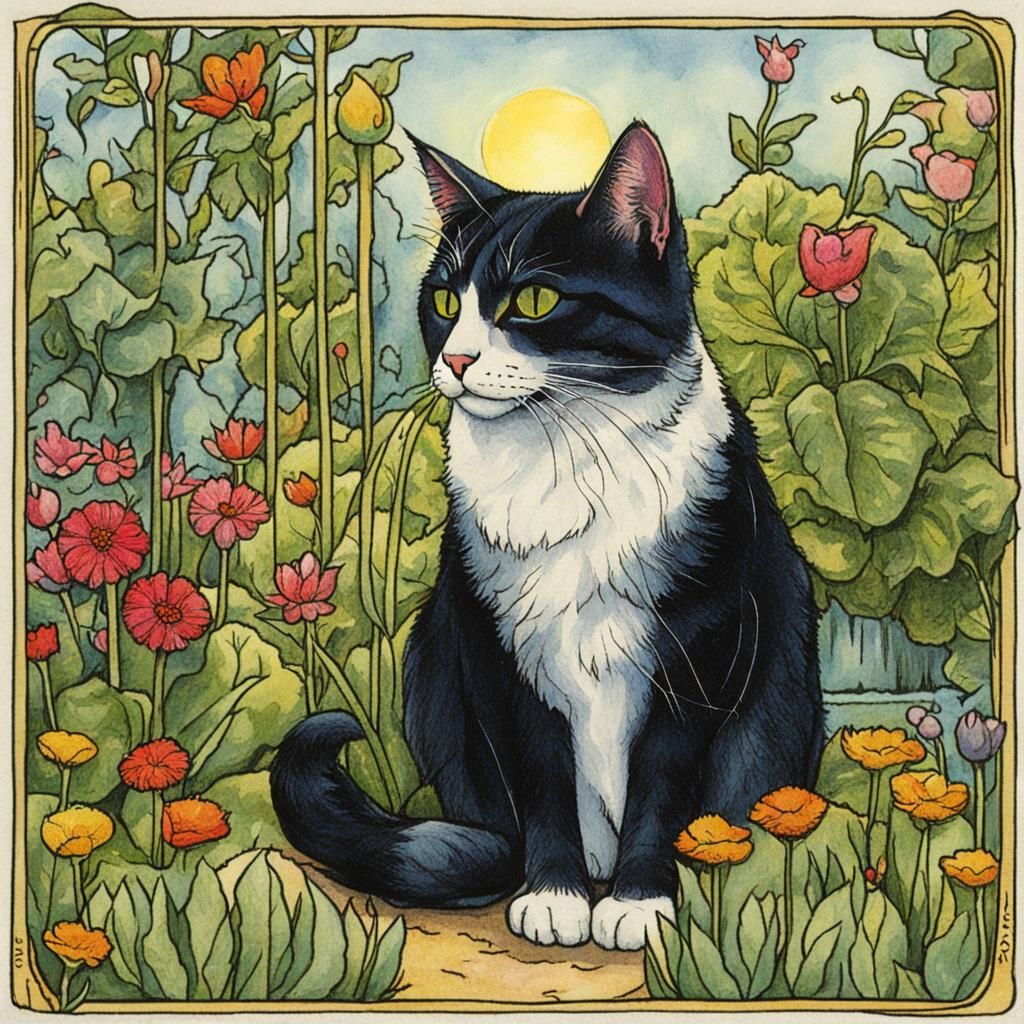 Cat in Garden Tarot Card Illustration