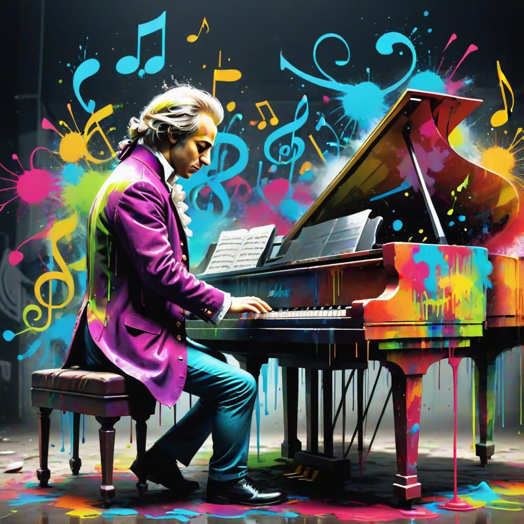 Mozart Playing Piano with Dancing Musical Notes in Graffiti ...