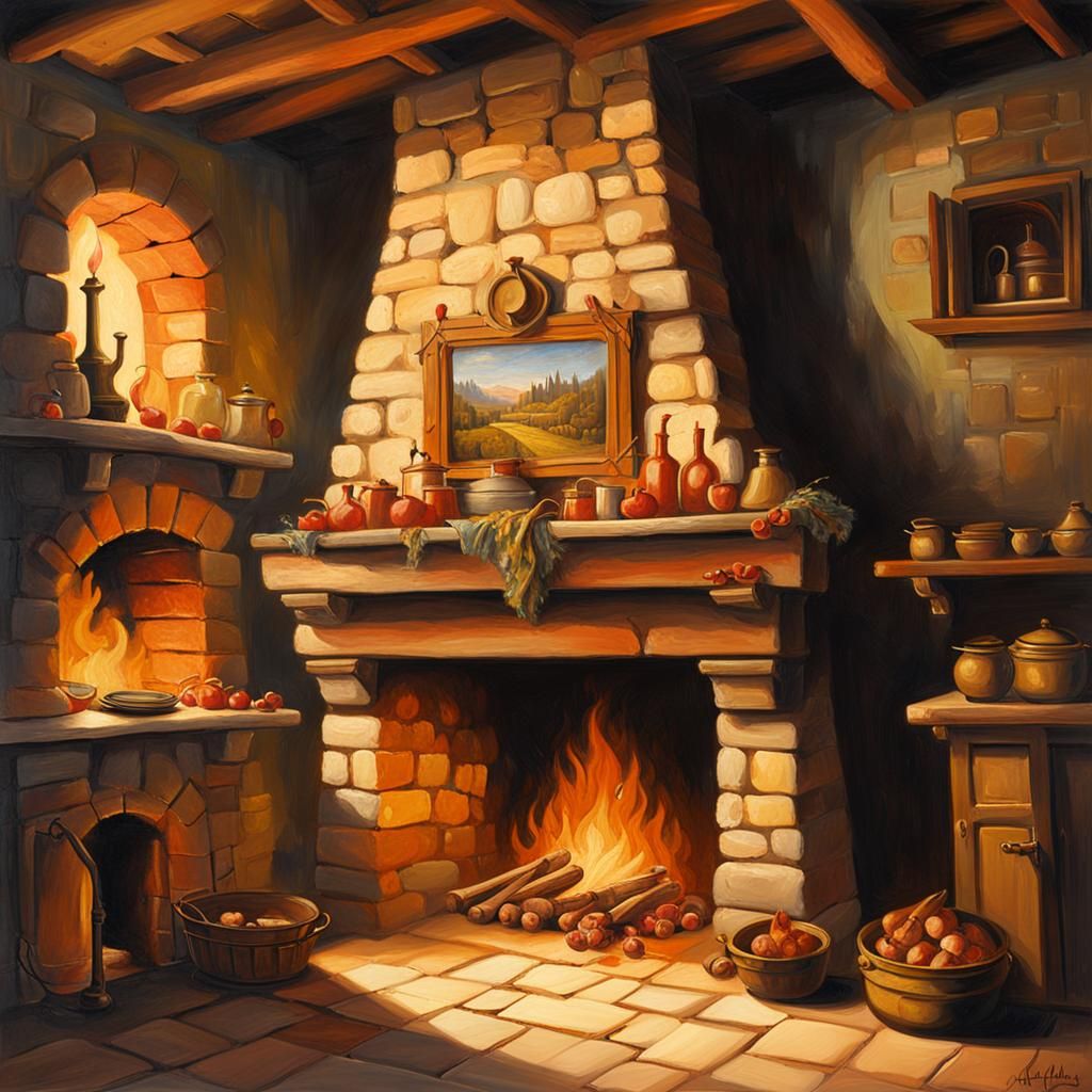 Medieval Kitchen Fireplace in Traditional Realism