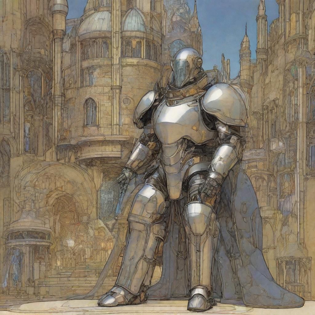 16k resolution, art fusion by Yoshitaka Amano, Alphonse Mucha, Syd Mead, and the Limbourg Brothers. Sci-fi knight in sle...