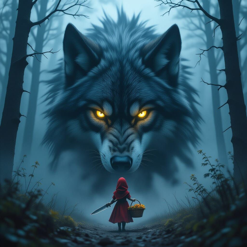 Demonic Wolf Attacks Little Red Riding Hood in Misty Forest