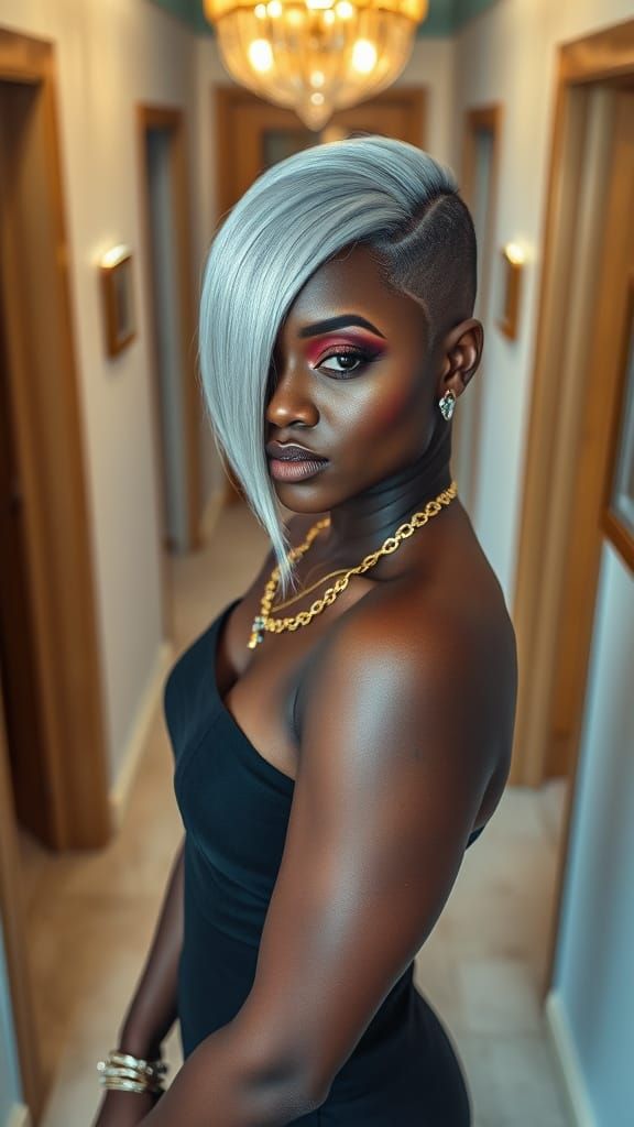 Stylish Woman in Penthouse Hallway with Unique Hair