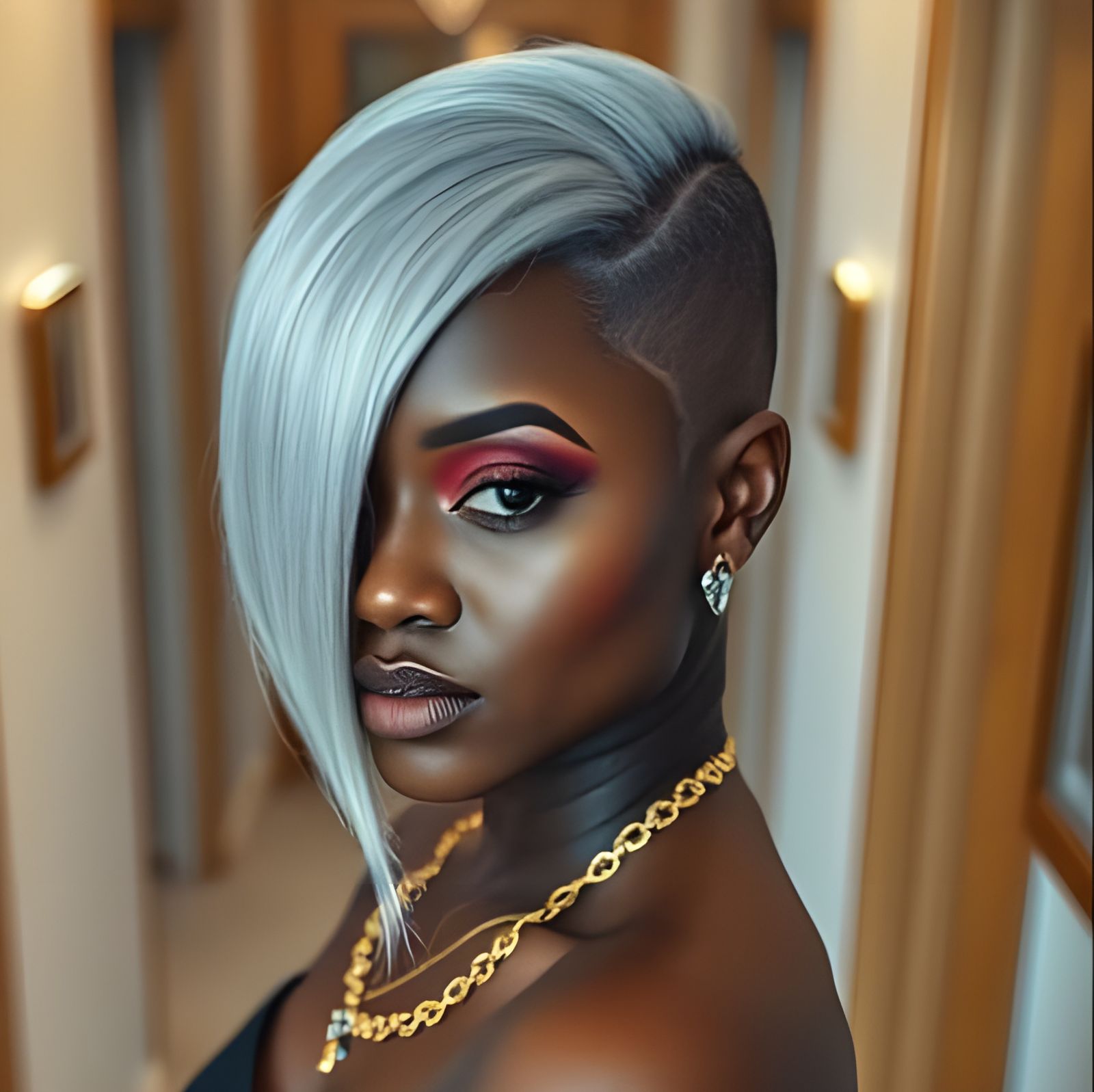 Stylish Woman in Penthouse Hallway with Unique Hair