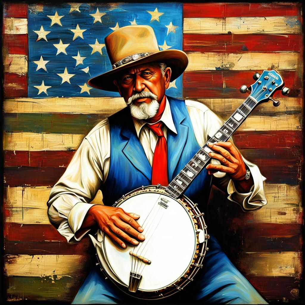 Bluegrass Banjo Player Portrait in Mixed Media