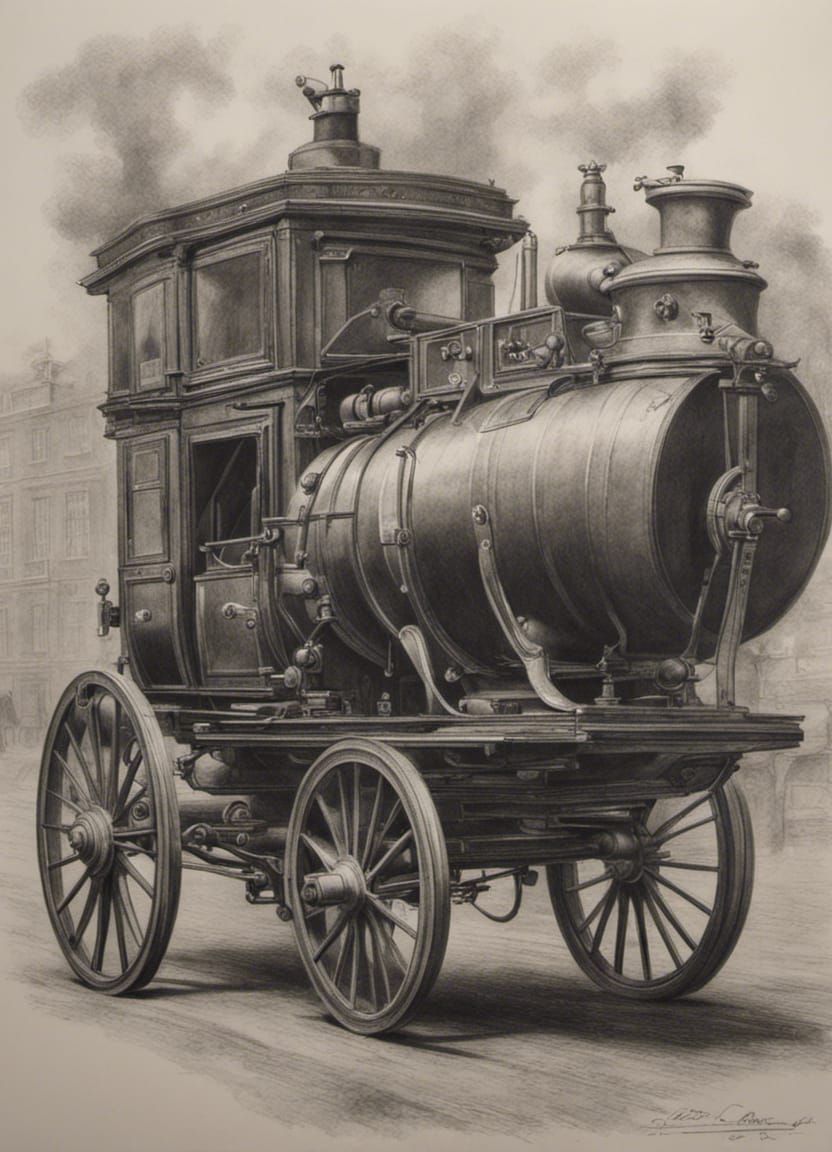 Detailed Charcoal Drawing of 1803 London Steam Carriage