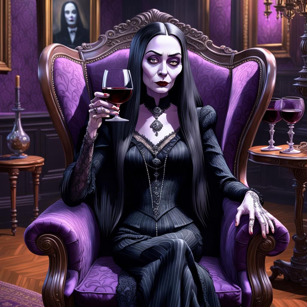 Morticia Addams in Victorian Setting with Red Wine