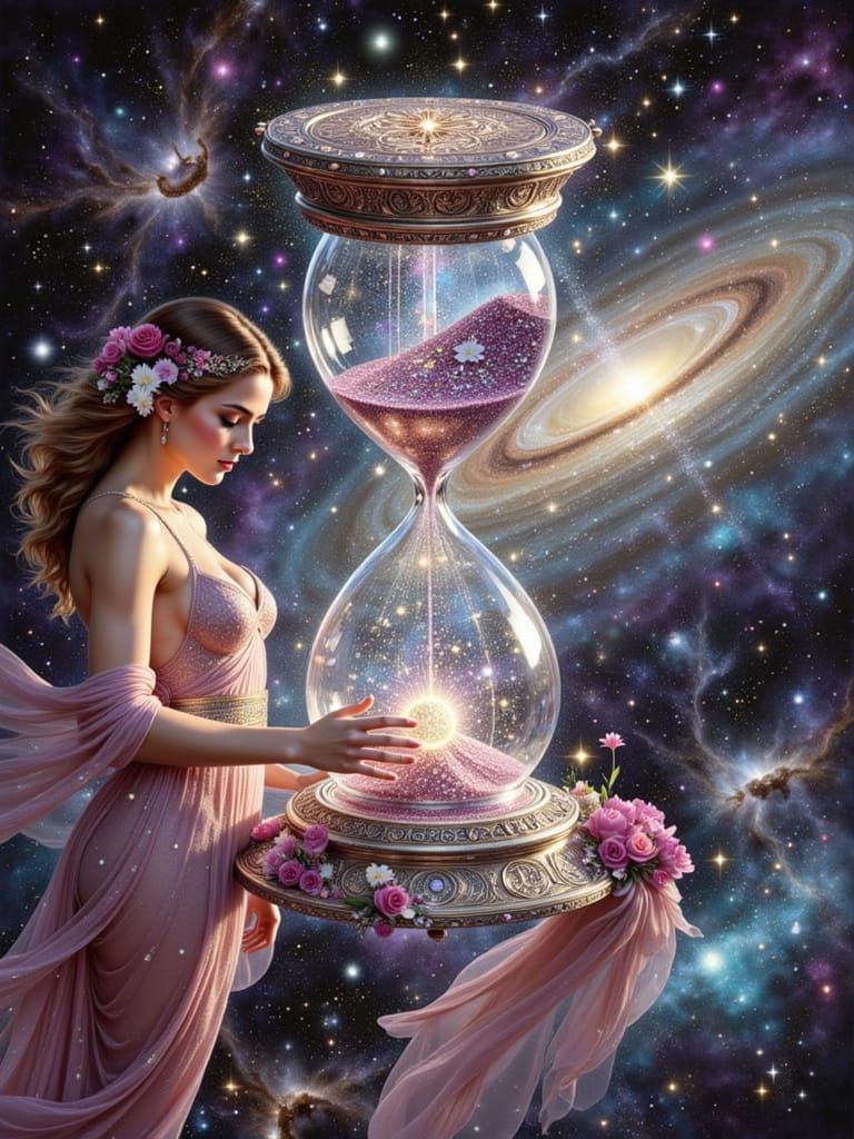 Celestial Hourglass in Nebula with Goddess