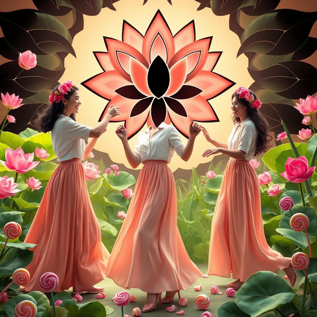 Whimsical Candy Dreamscape with Lotus Flower Motif