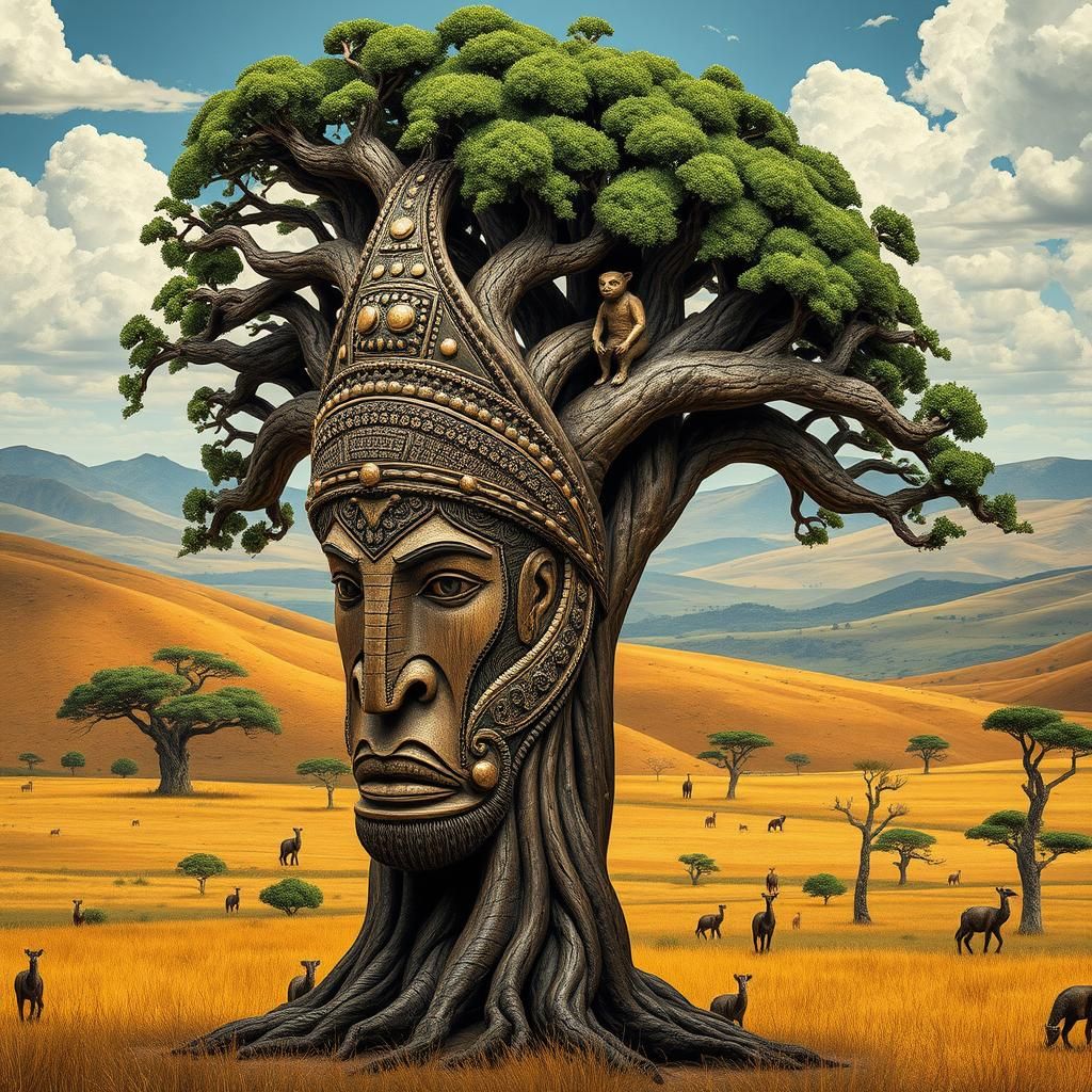 Savannah Tree Carved as African Tribal Mask