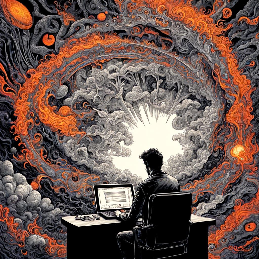 Man's Brain Explodes with Ideas in Psychedelic Charcoal Art