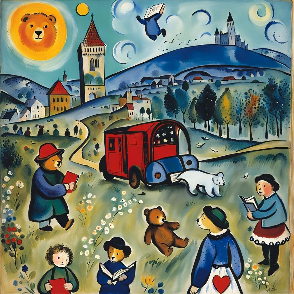 Surreal Bears Traveling Through Books: A Dreamlike Scene