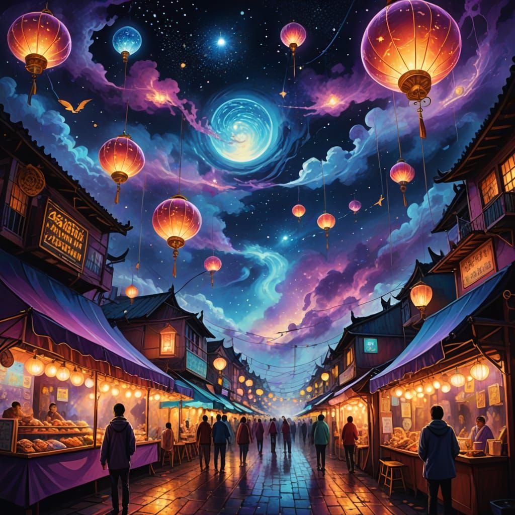 Cosmic Night Market Dreamscape in Vibrant Mixed Media
