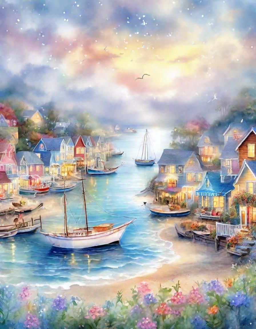 Enchanting Coastal Village Watercolor Dreamscape
