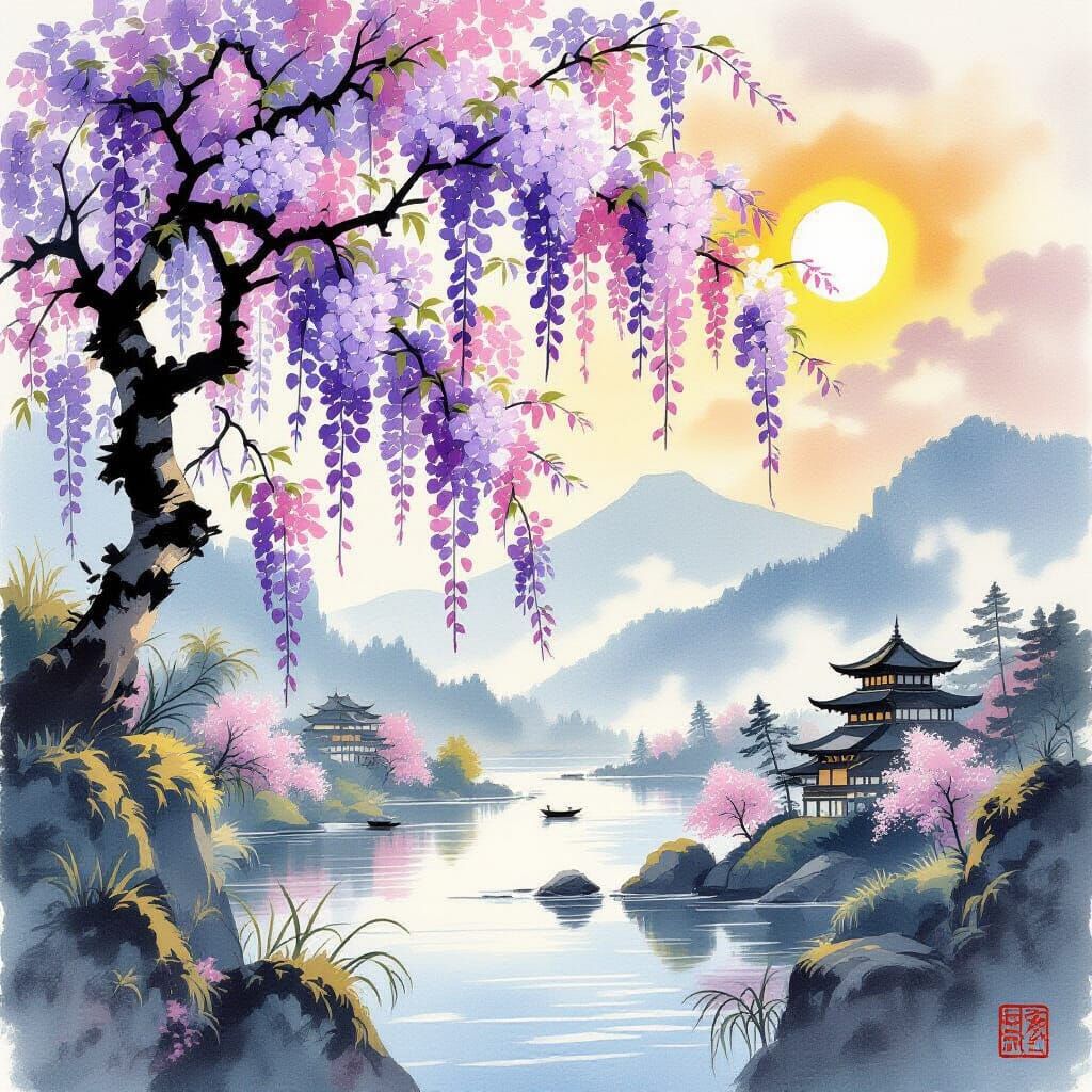Yamato-e Spring Scene with Wisteria Blossoms