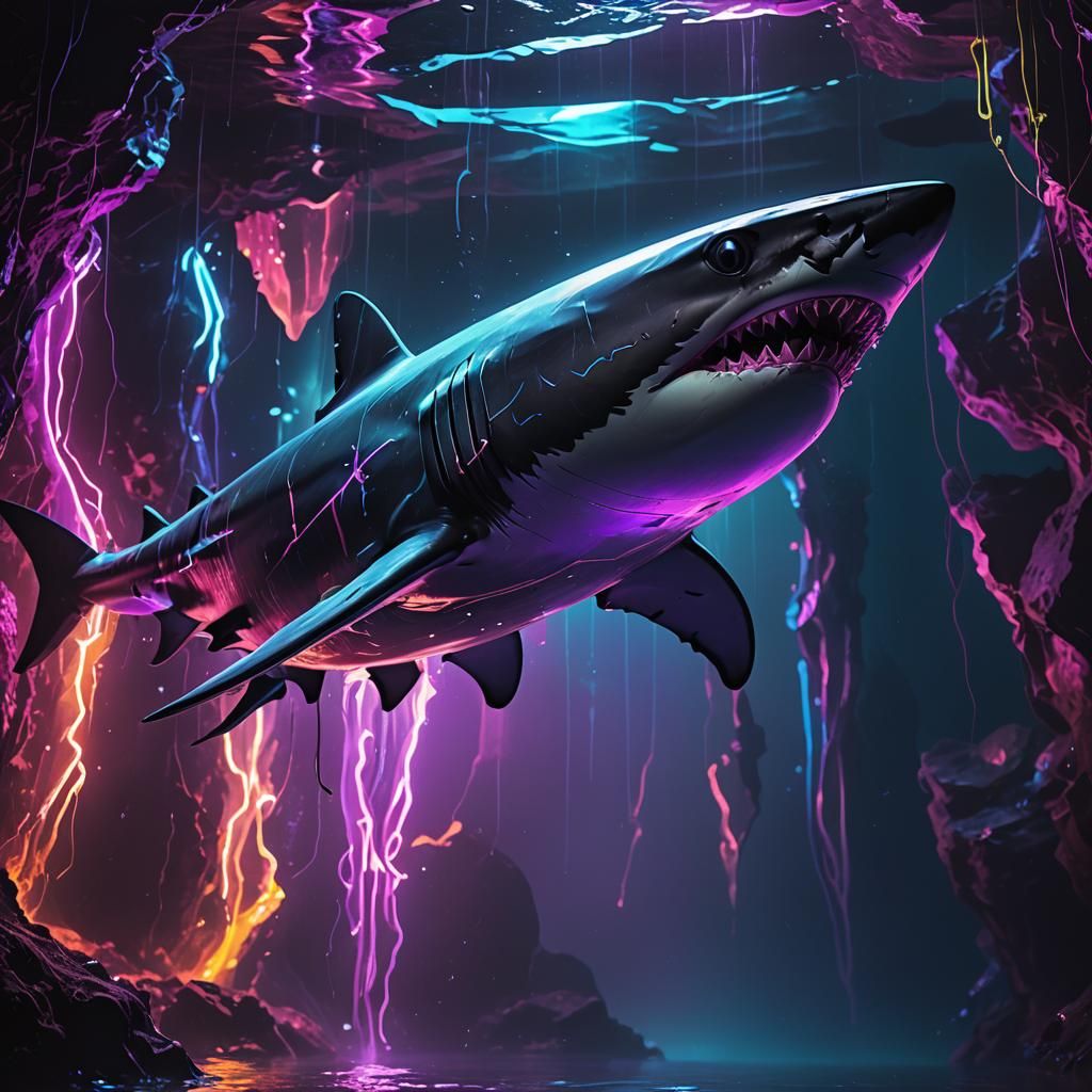 Cybernetic Shark in Underwater Cyberpunk Cave