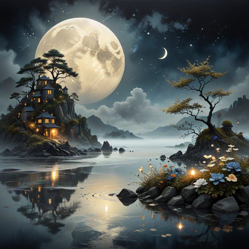 Surreal Yin Yang Sun Moon with Steampunk Cities and Fog