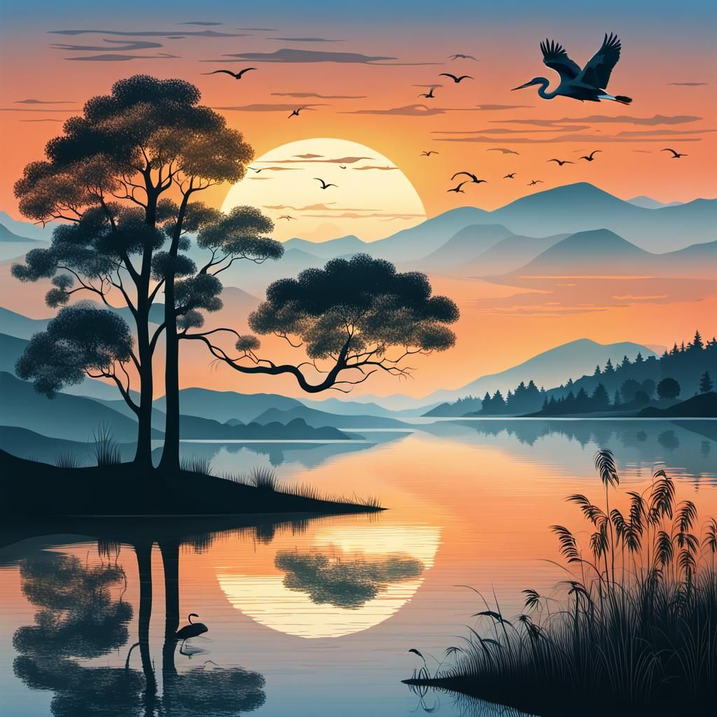 Lake Sunset with Heron in Asymmetrical Scene