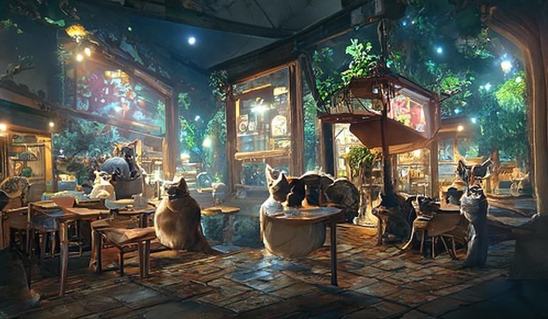 Charming Cat Cafe at Night in Hyperrealism