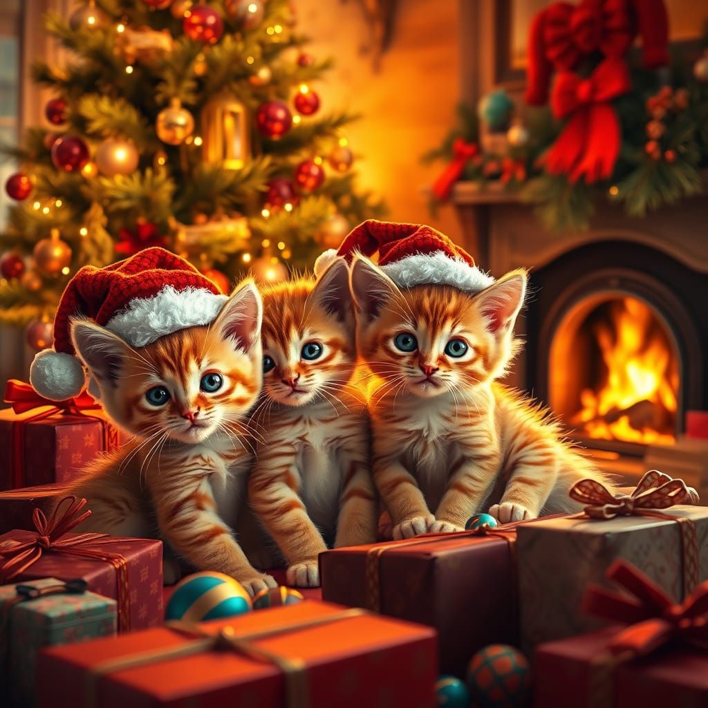 Kittens Celebrate Christmas as Digital Art