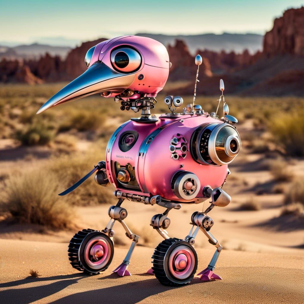Pink Roadrunner Robot in Desert Landscape