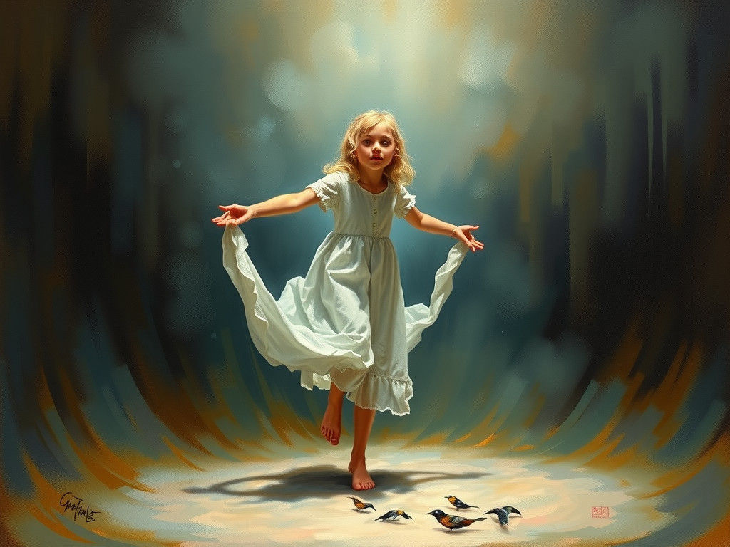 Ethereal Barefoot Ghost Girl in Oil Painting Style