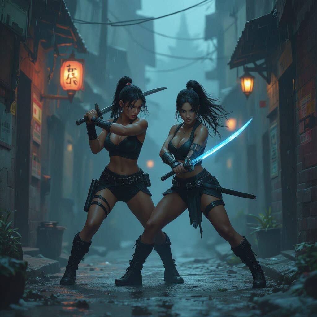 Two Dark-Skinned Warriors in a Misty Alley