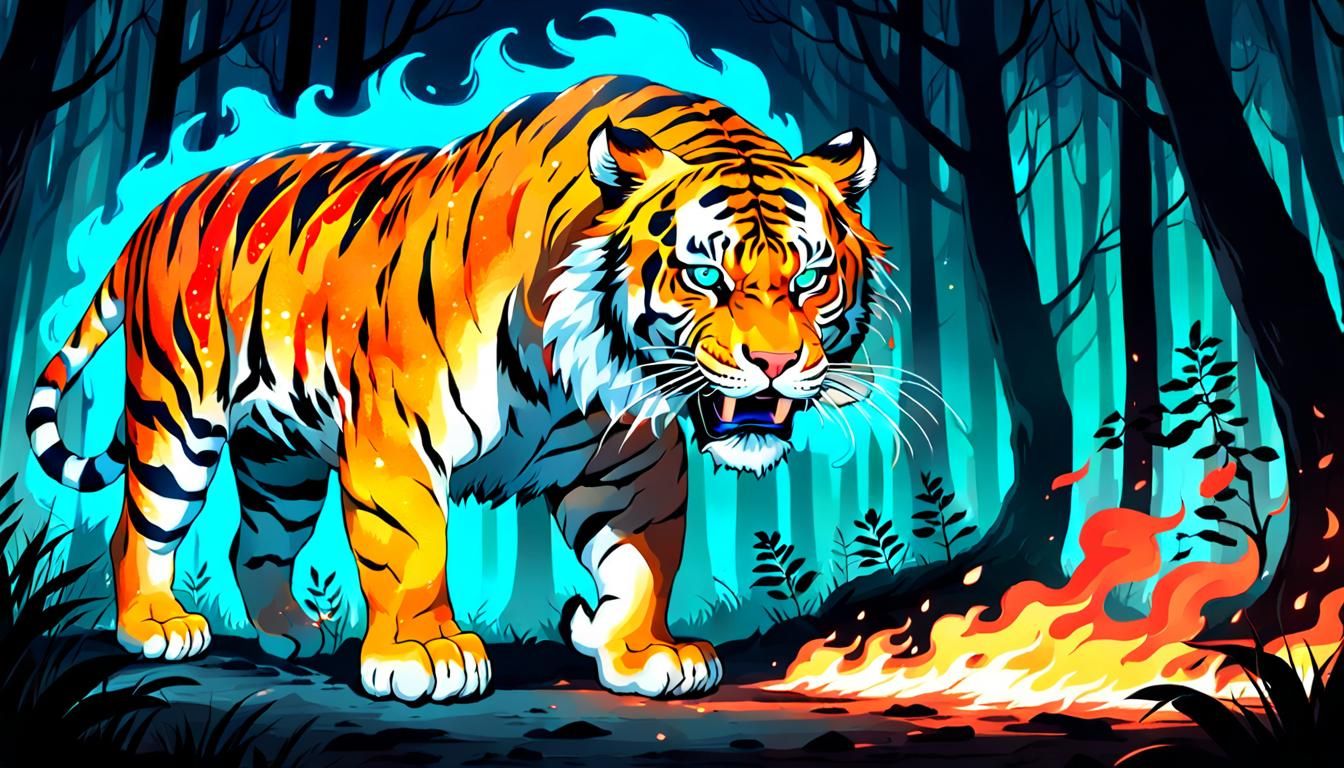 Bioluminescent Tiger on Fire in Night Forest