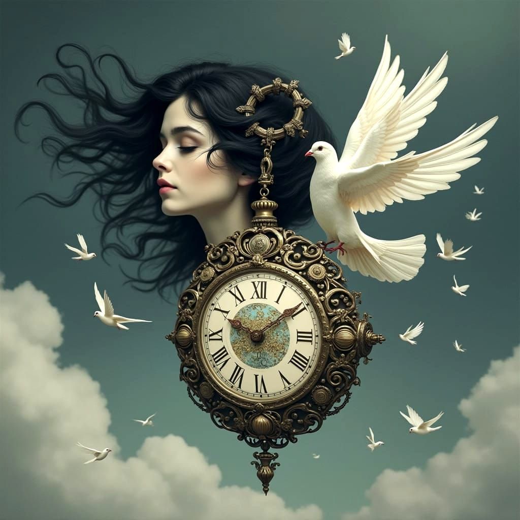 Gothic Timepiece Soars Amidst Clouds and Doves