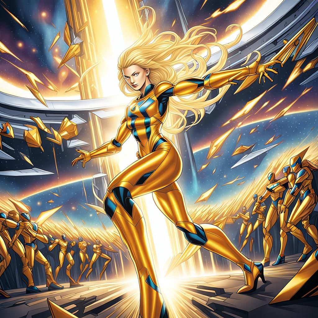 Golden Superheroine Battles Robot in Comic Book Art