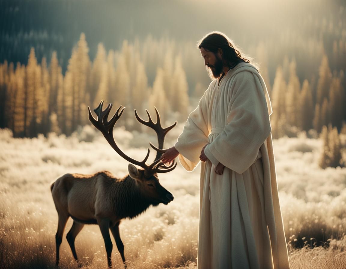 Jesus and Elk in Backlit Cinematic Scene