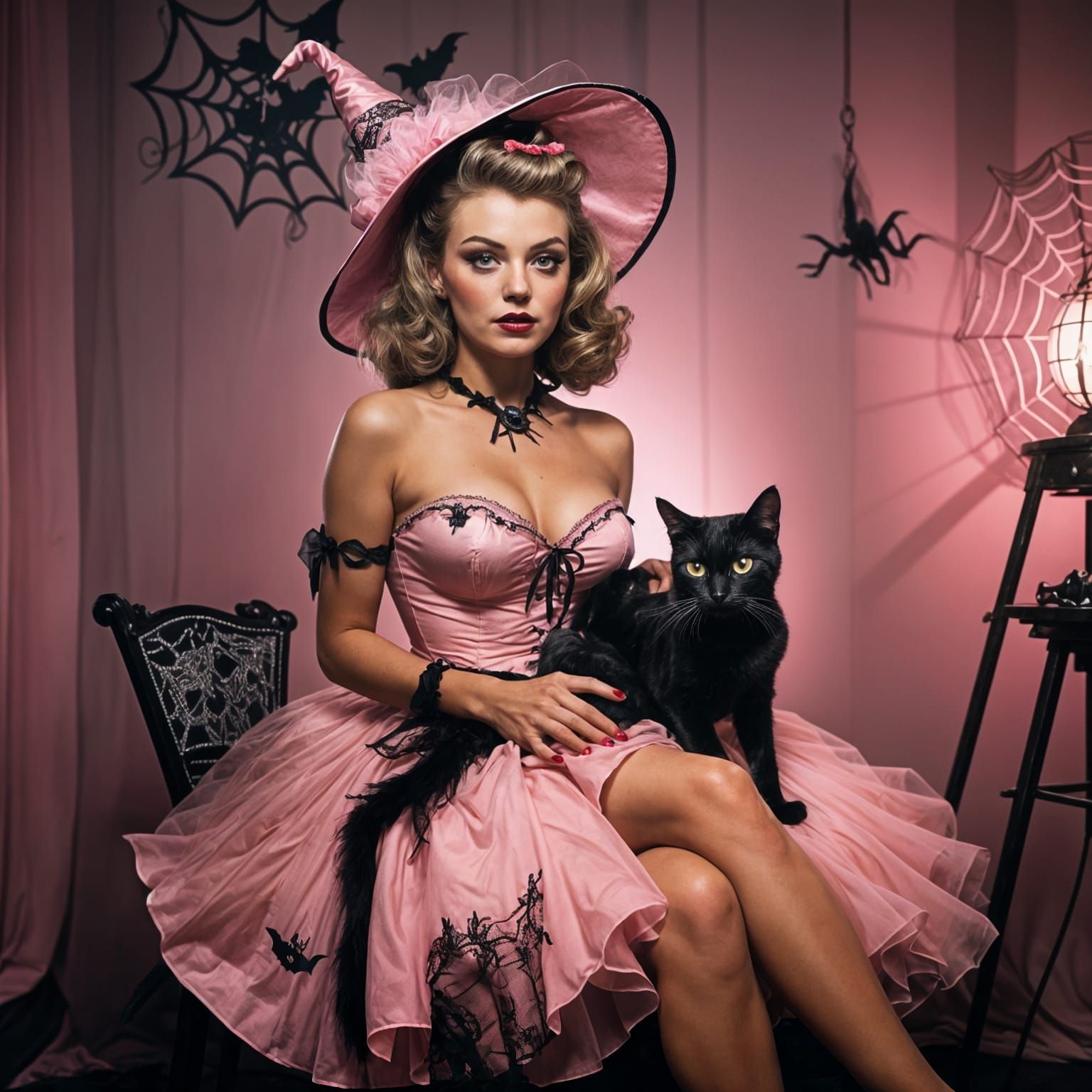 Vintage Halloween Witch Pinup With Black Cat