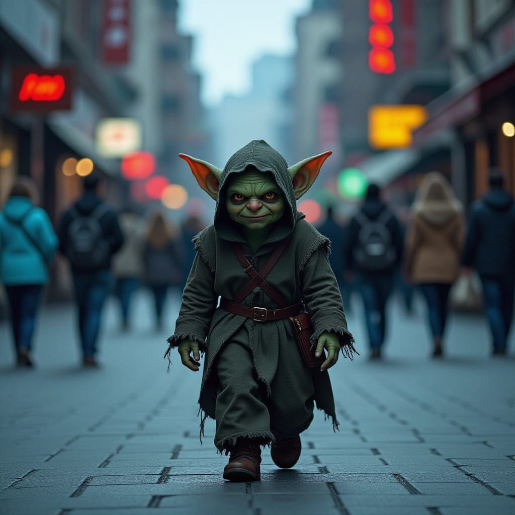 Lonely Goblin in Busy City Street, Cinematic Film