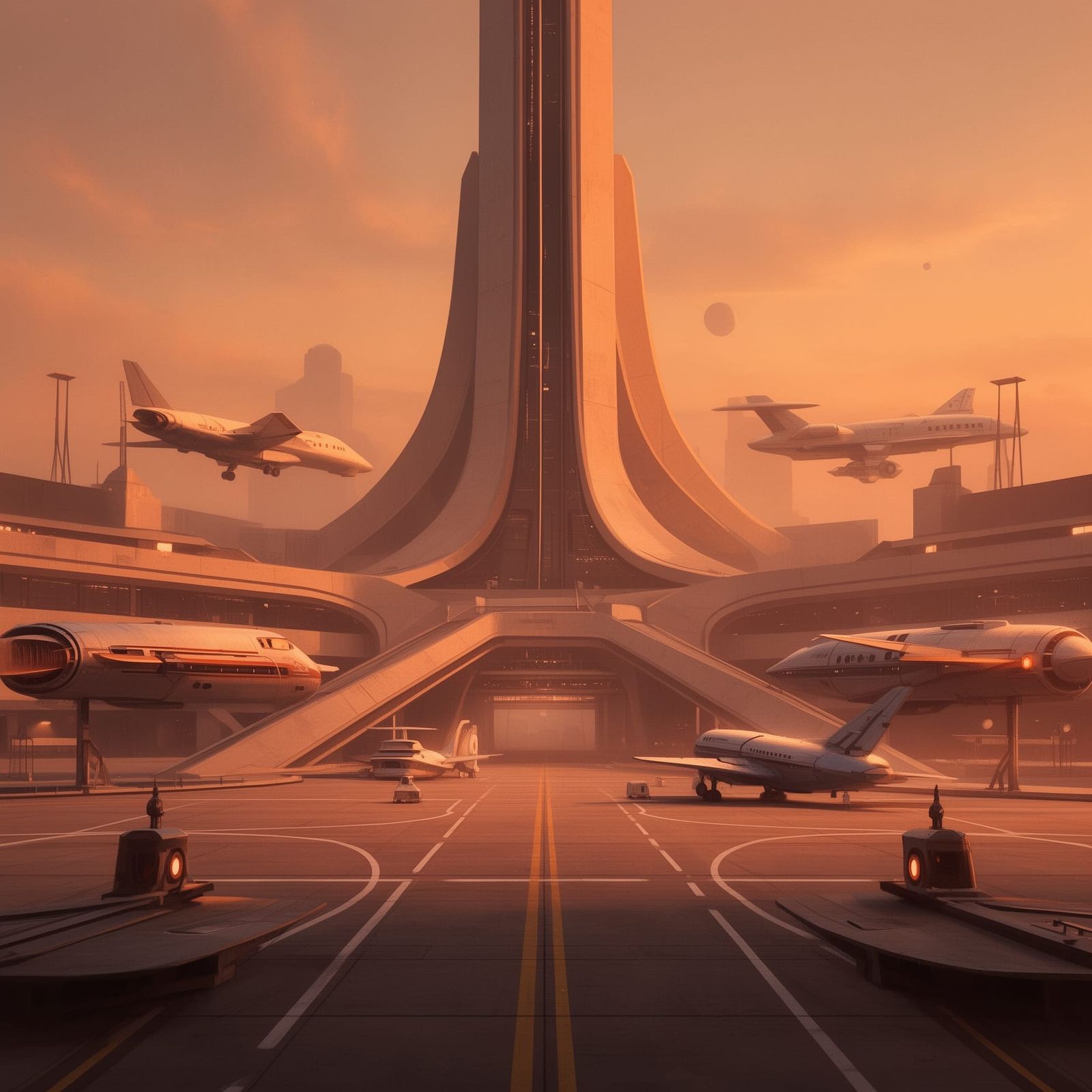 Retro-Futuristic Spaceport at Sunset