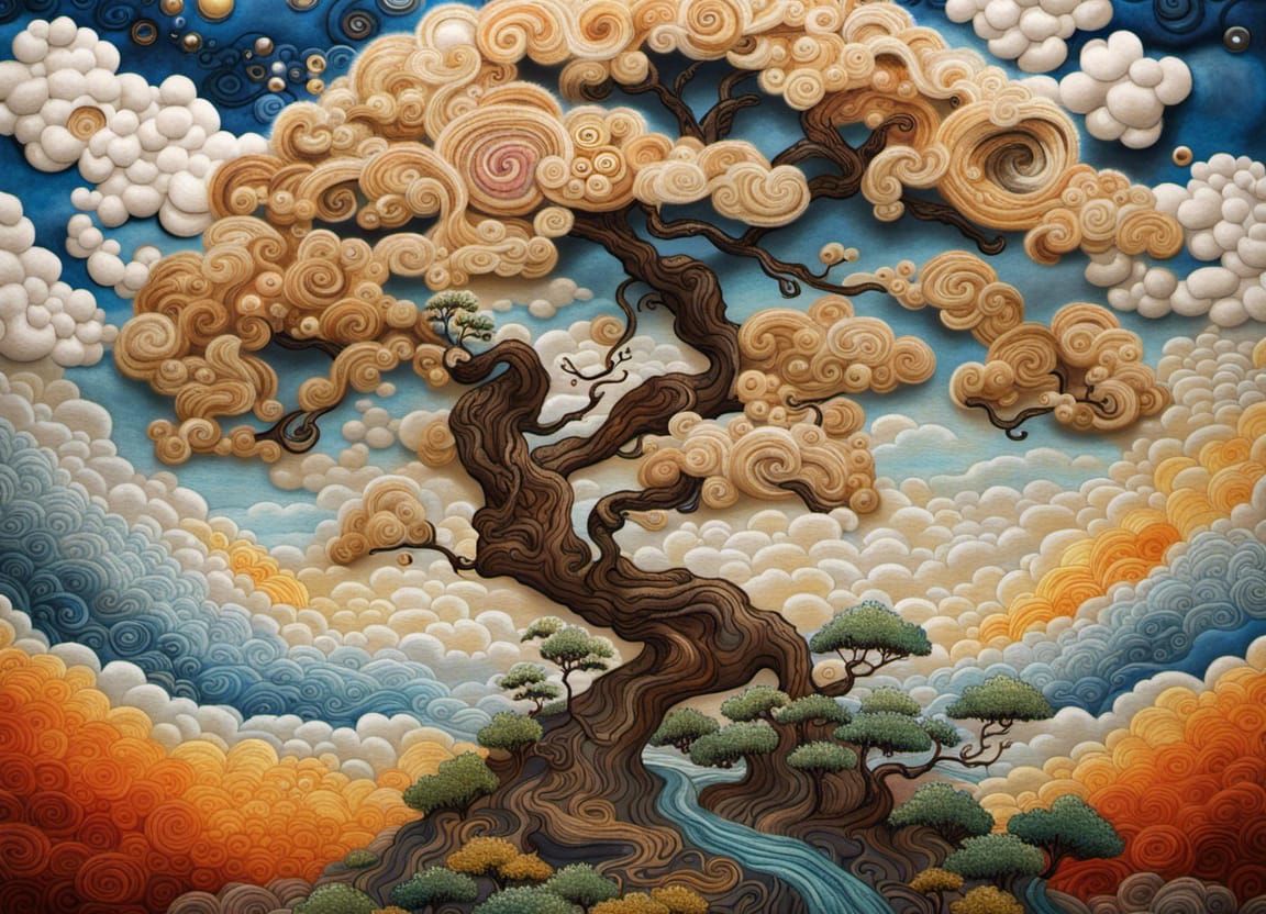 Whimsical Bonsai Landscape with Swirling Quilted Clouds