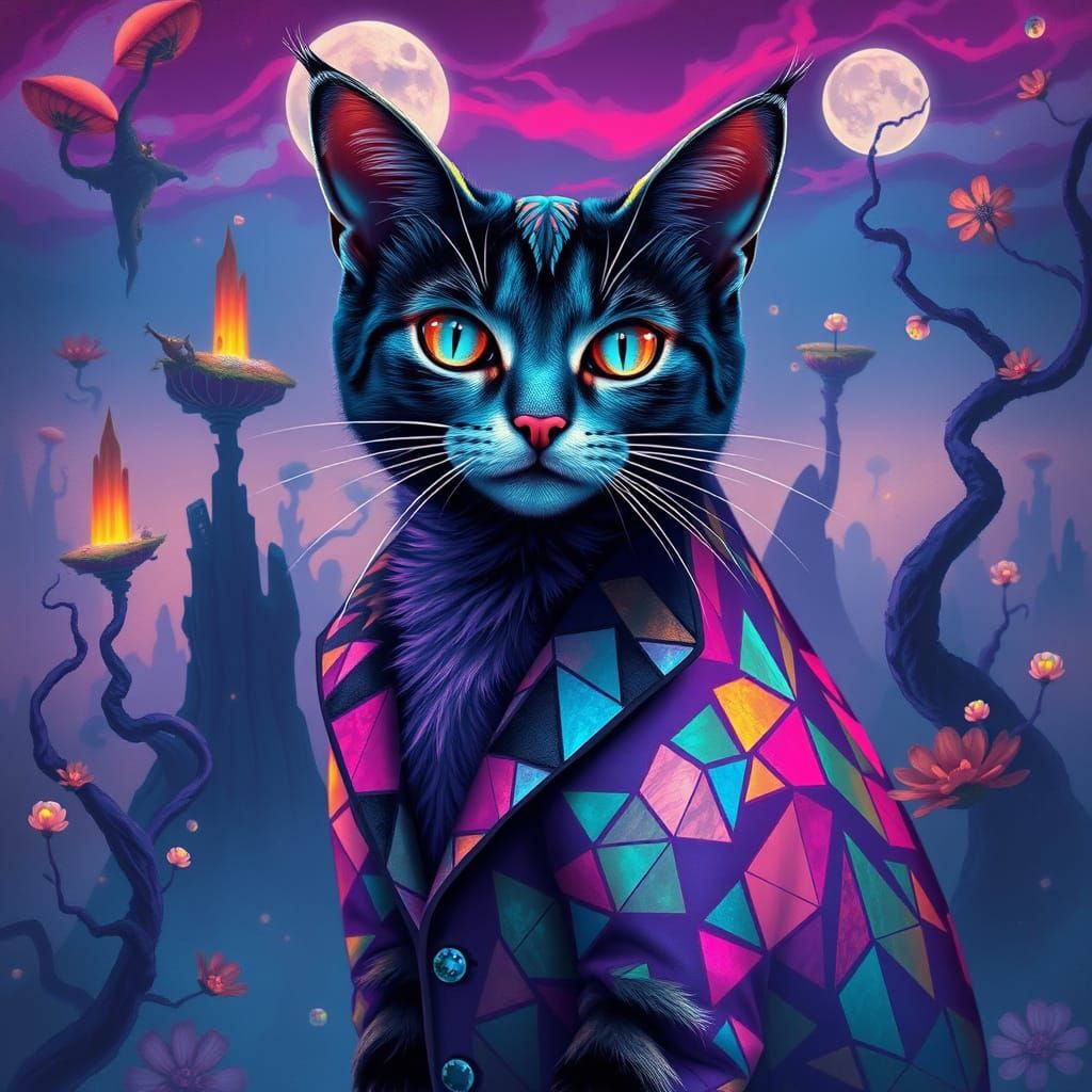 A whimsical painting of an anthropomorphic cat, dressed in a flamboyant, avant-garde outfit, striking a pose in a surrea...