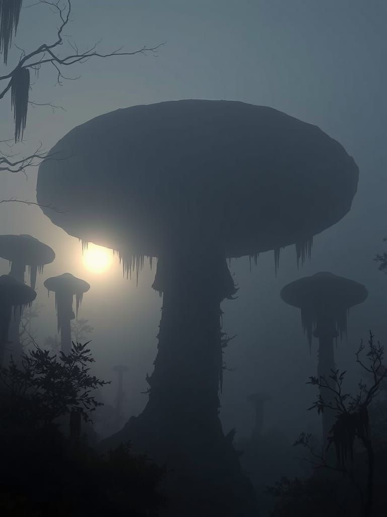 Gloomy Mushroom Forest Silhouettes in Fog