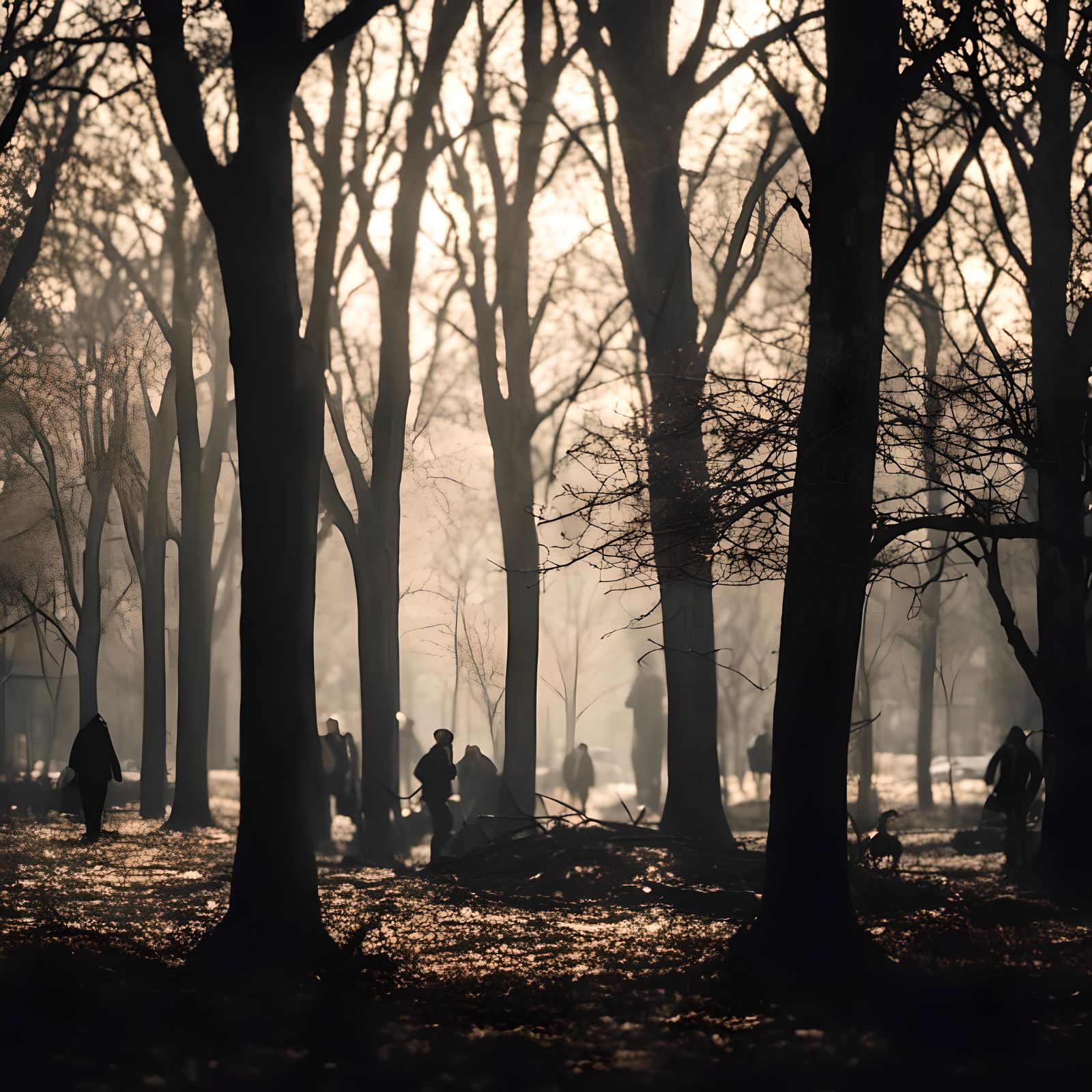 Eerie Forest with Humanoid Trees in Eraserpunk Style