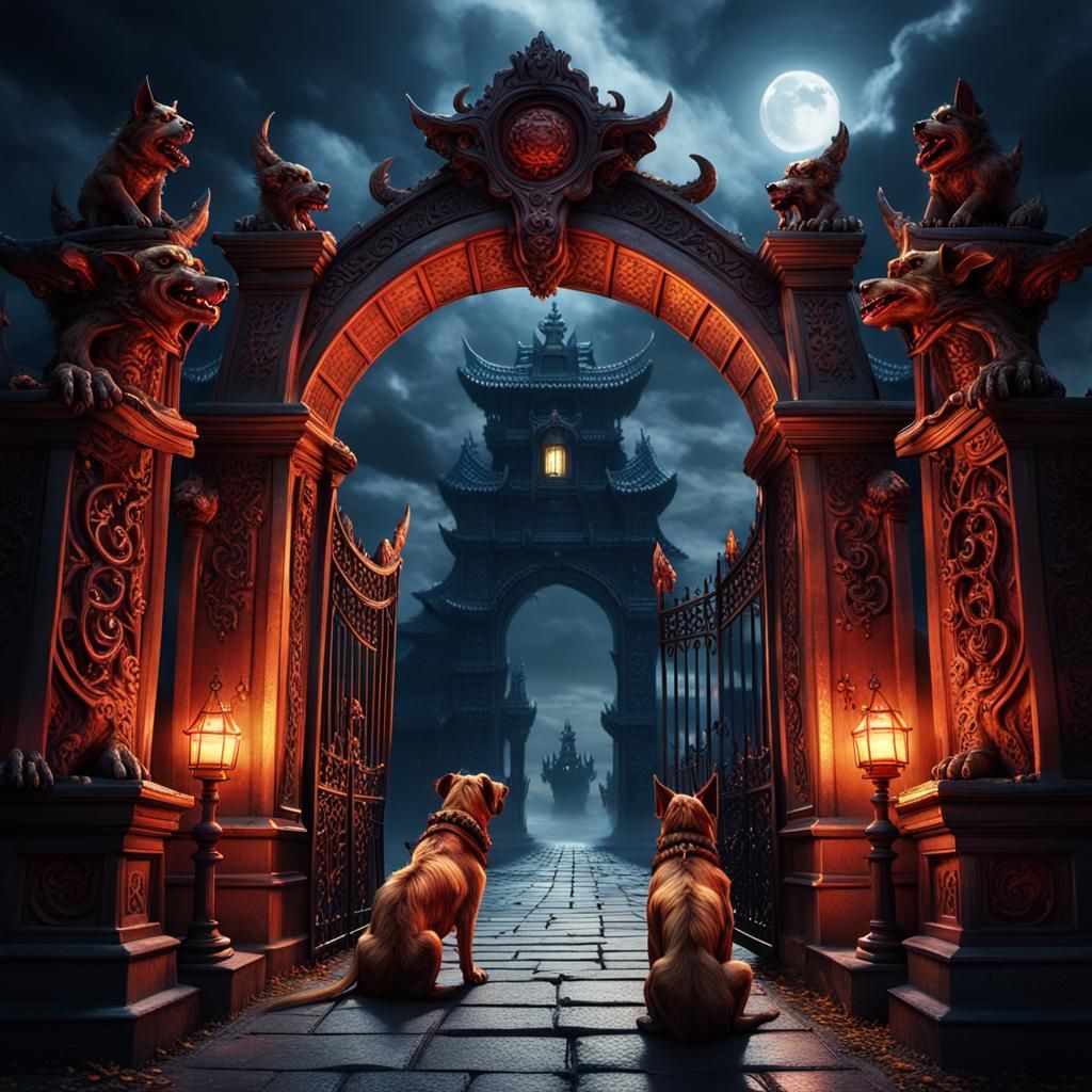 Cerberus Guards Gates to Twisted Realm: Dark Fantasy
